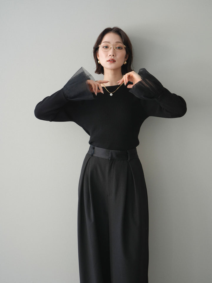 [SET]袖チュールパワショルリブニットトップス+選べるアクセセット(2set)