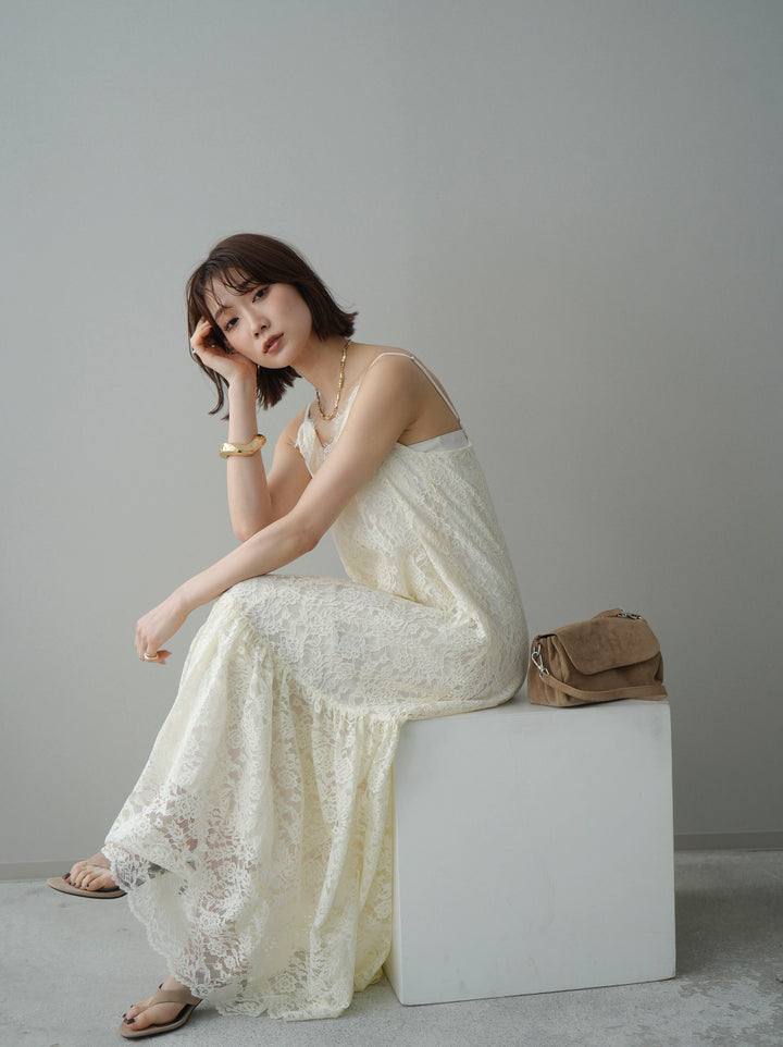 [予約]ギャザー切替レースキャミワンピース/ivory