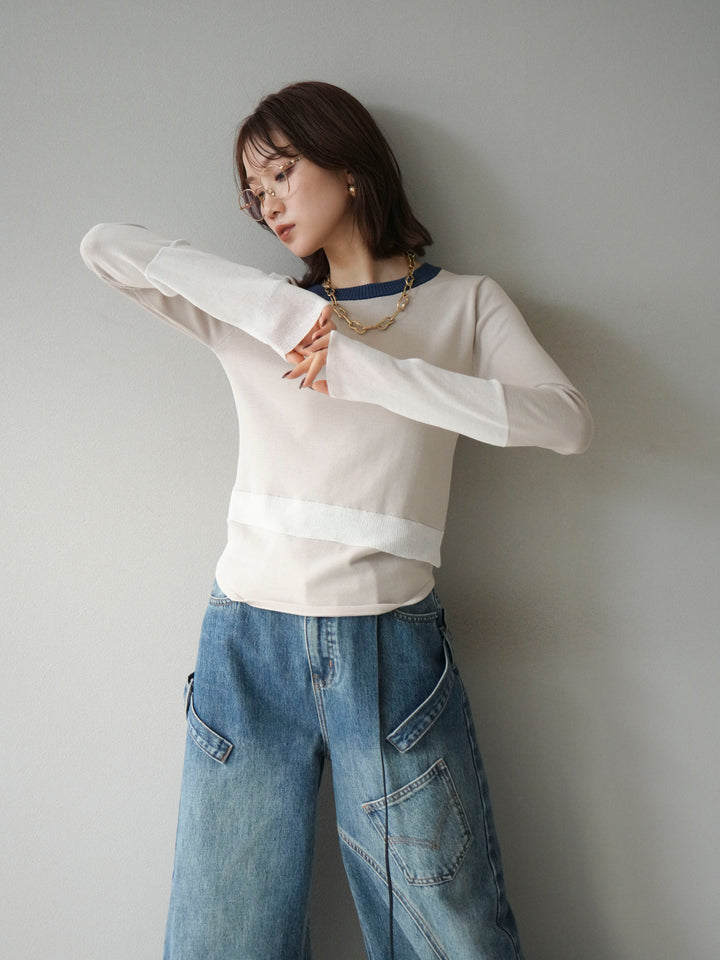 [予約]異素材配色デザインニットトップス/アイボリー