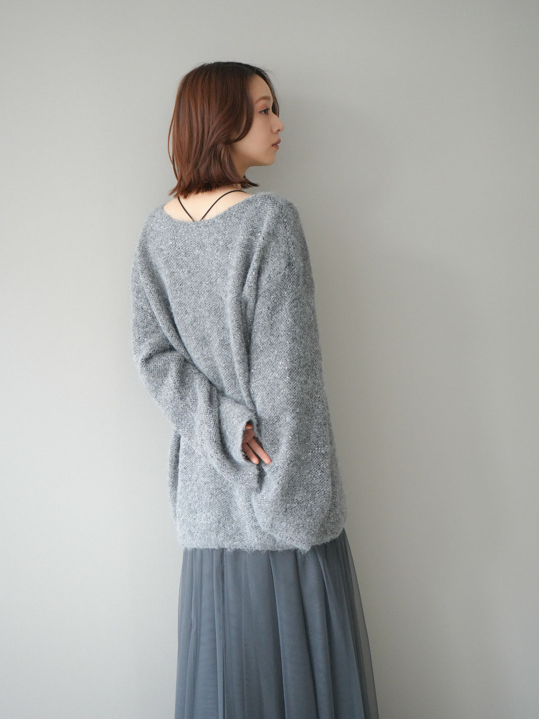 [予約]スパンコールミニシャギーニットチュニック/gray