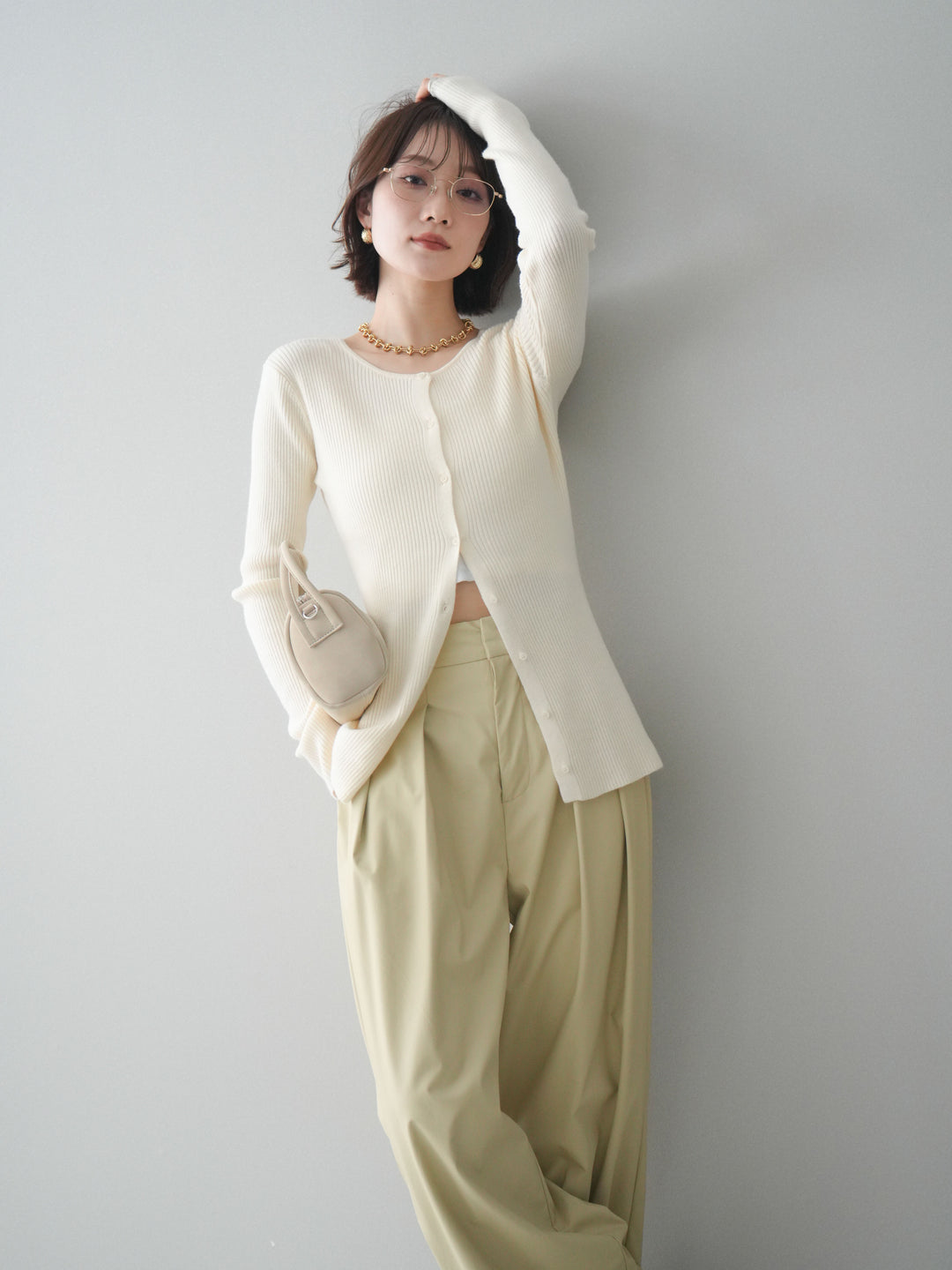 [予約]前後2WAYリブ編みクルーネックカーディガン/ivory