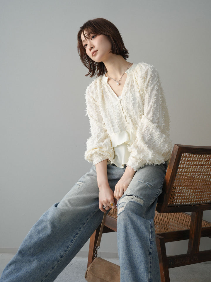 [予約]ジャガードぺプラムフリルブラウス/ivory
