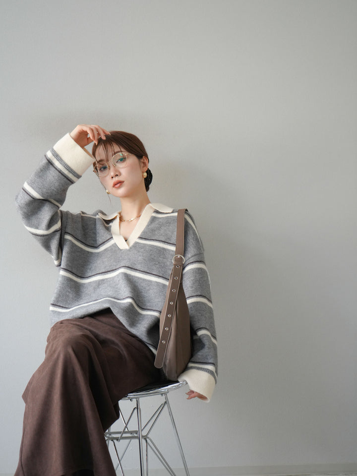 [SET]ポロ襟スキッパーボーダーニットプルオーバー+スウェードIラインスカート(2set)