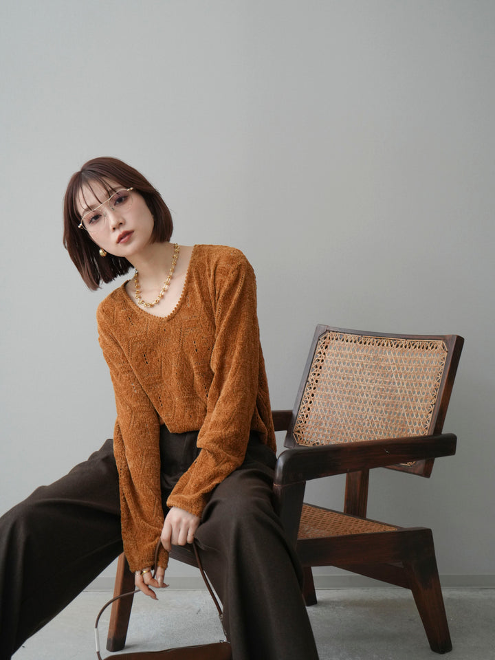 [予約]モール透かし編みニットトップス/camel