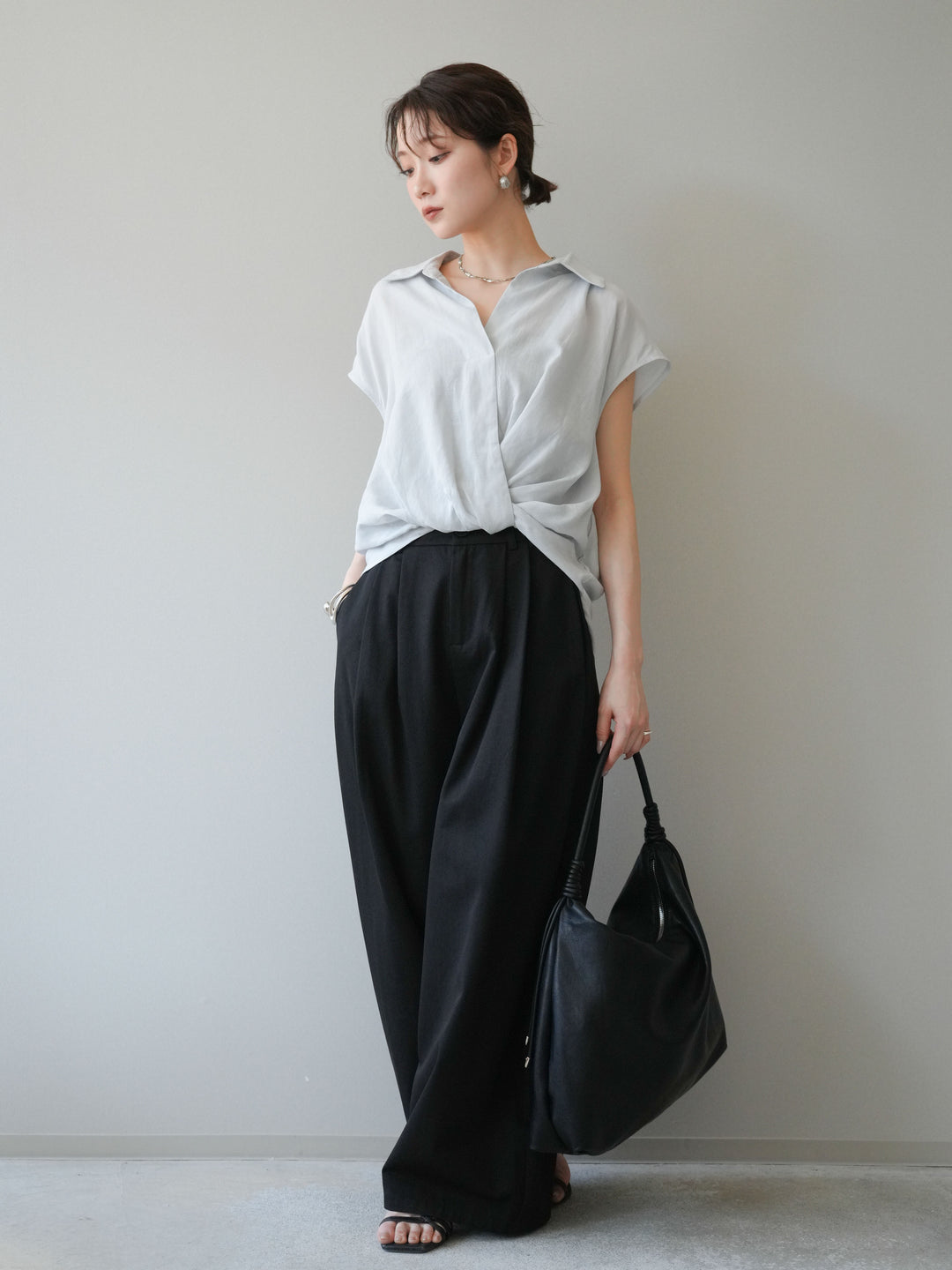 [SET]フレンチツイストドレープシャツ+サイドベルトバルーンワイドパンツ(2set)