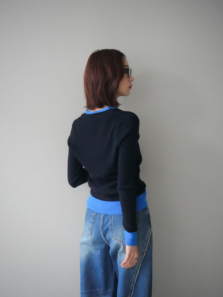 [SET]Uネック配色レイヤードリブニットトップス+サイドフリンジワイドデニムパンツ(2set)