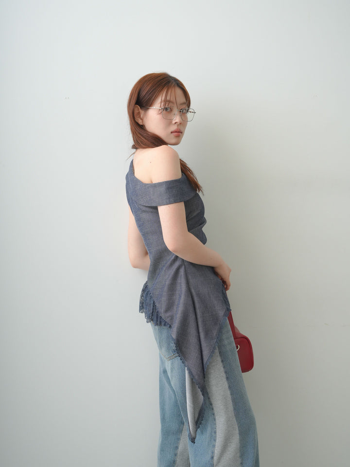 [SET]アシンメトリーラッフルレースヘムトップス+デニム切替スウェットパンツ(2set)