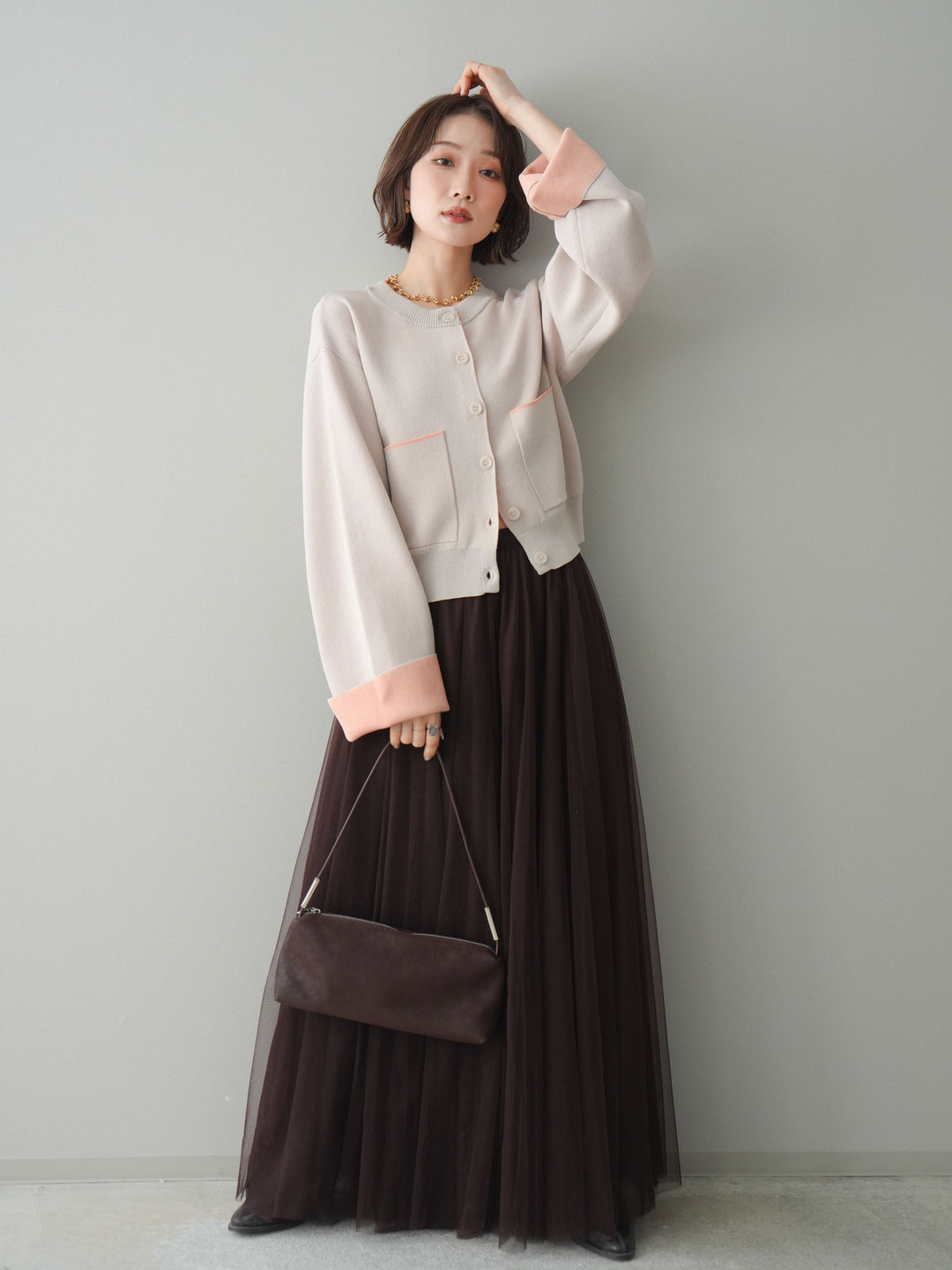 [SET]レーヨンポリダブルフェイスニットカーディガン+チュールボリュームスカート(2set)