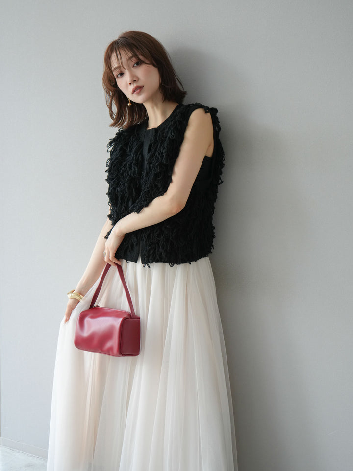 [SET] 前開衩針織背心 + 薄紗蓬鬆裙 (2 件套)