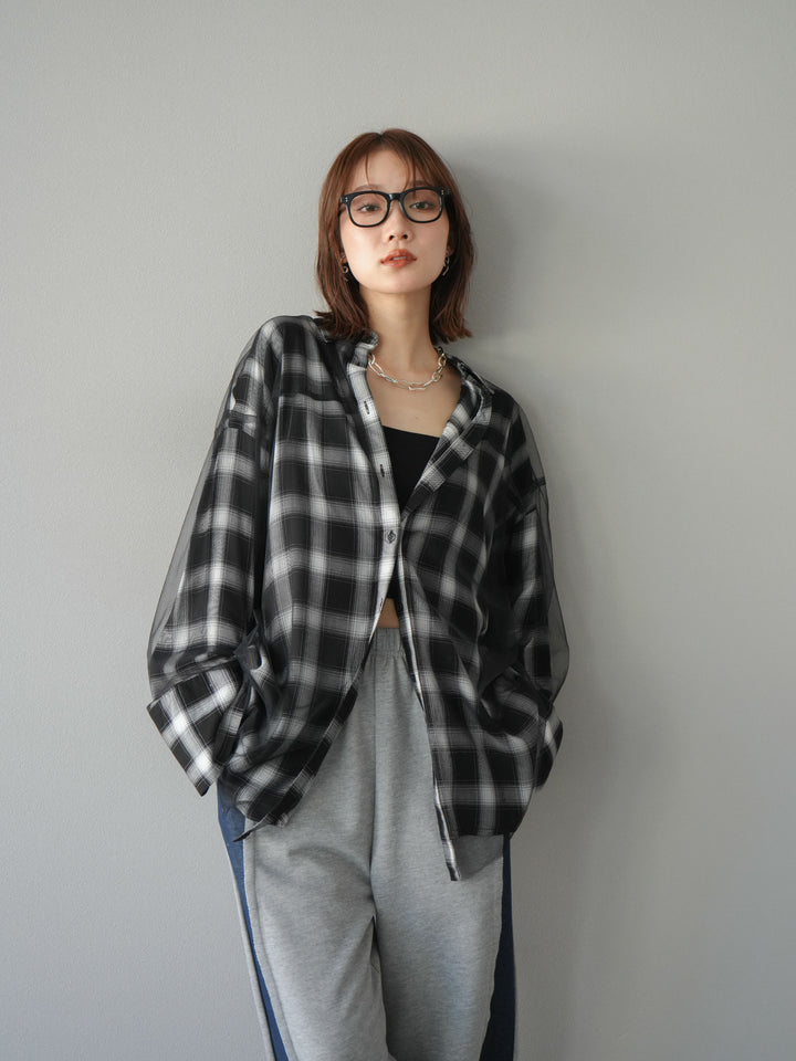 [套裝] 薄紗對接格紋寬鬆襯衫 + 牛仔布 Switch 2-Way 設計運動褲 (2 套)