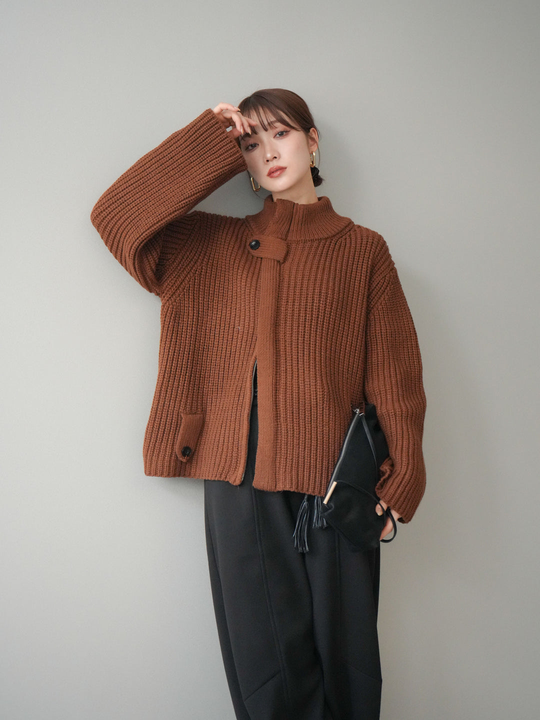 [SET]畦編みボトルネックZIPニットカーディガン+選べるアクセセット(2set)