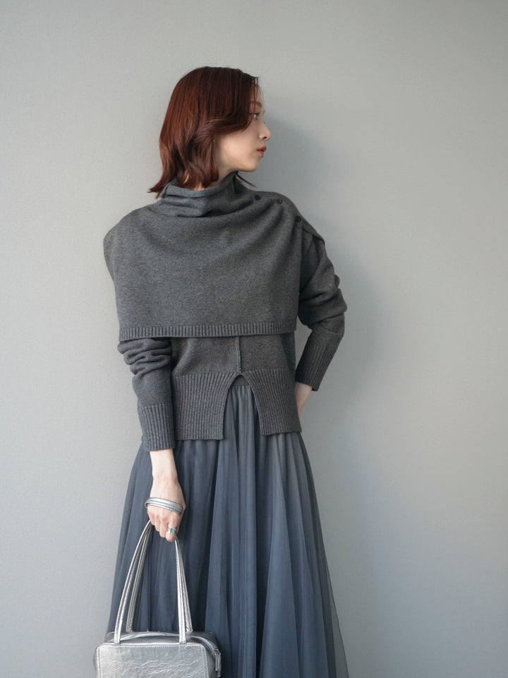 [予約]フロントスリットネックアンサンブルニット/charcoal