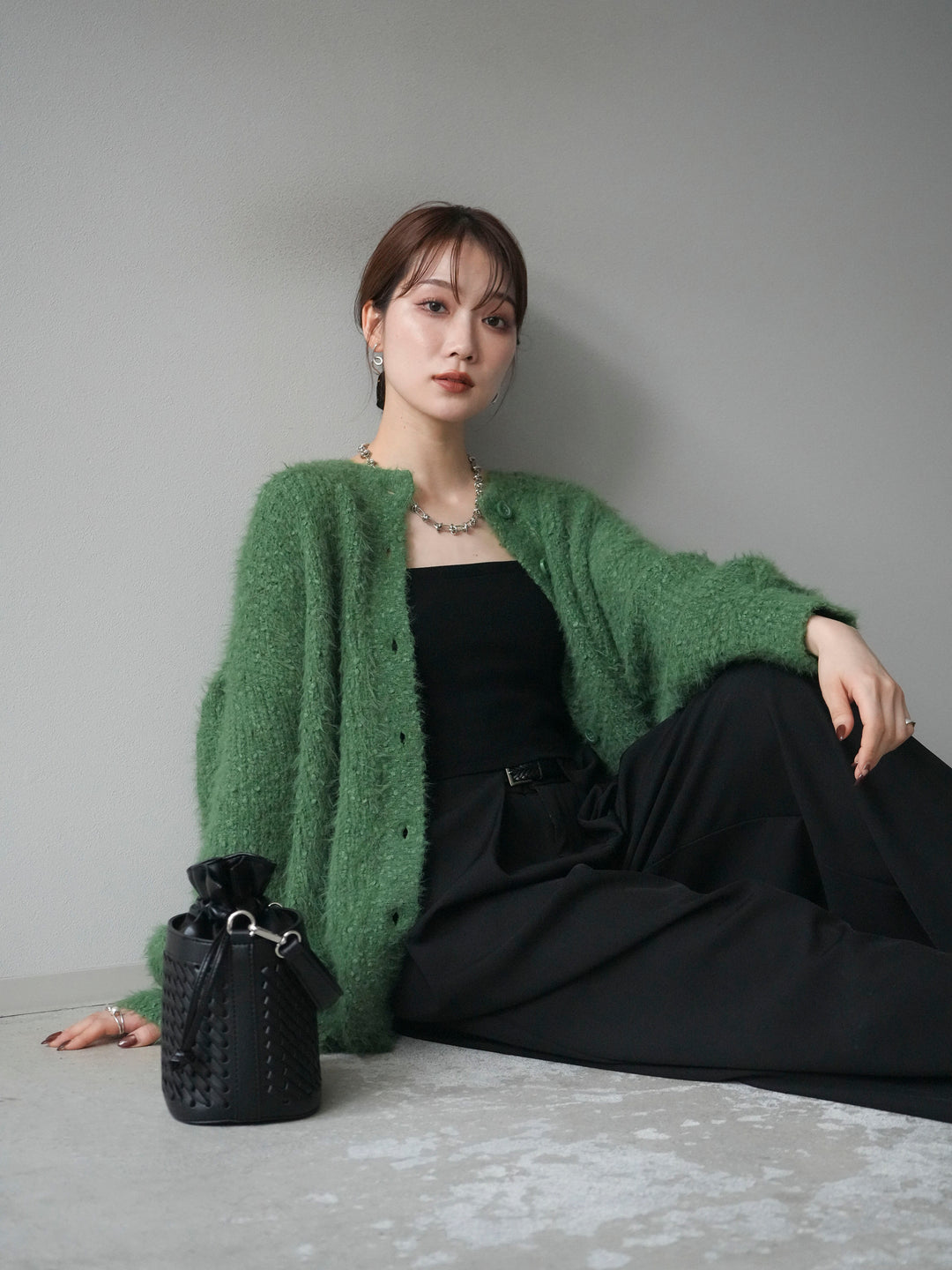 [SET]クルーネックランダムシャギーカーディガン+ベルトループデザインワイドパンツ(2set)