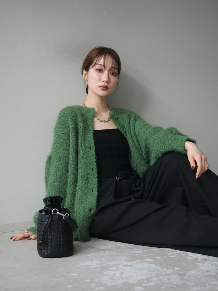 [SET]クルーネックランダムシャギーカーディガン+ベルトループデザインワイドパンツ(2set)