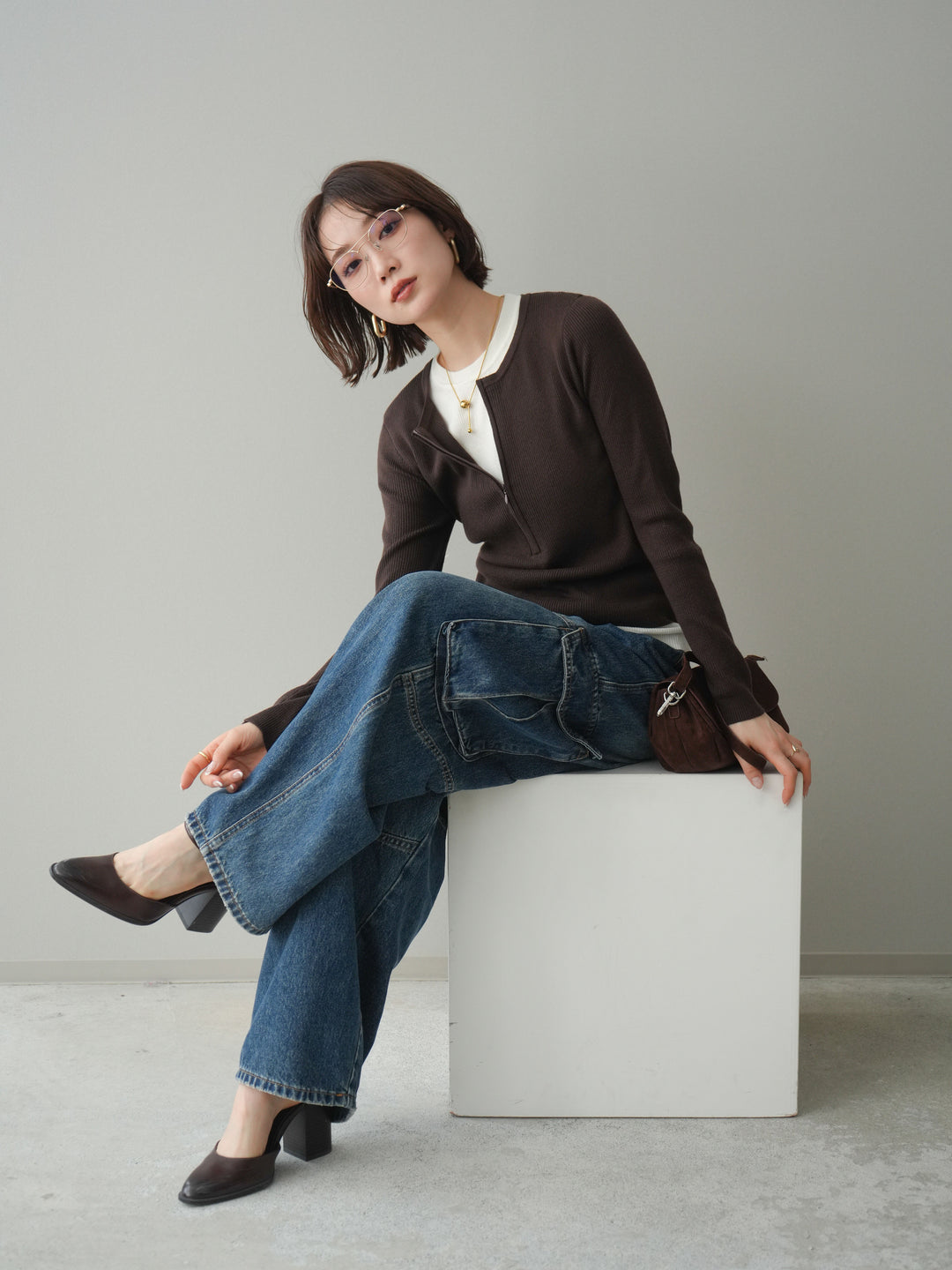 [予約]フロントジップ配色レイヤードニットトップス/choco