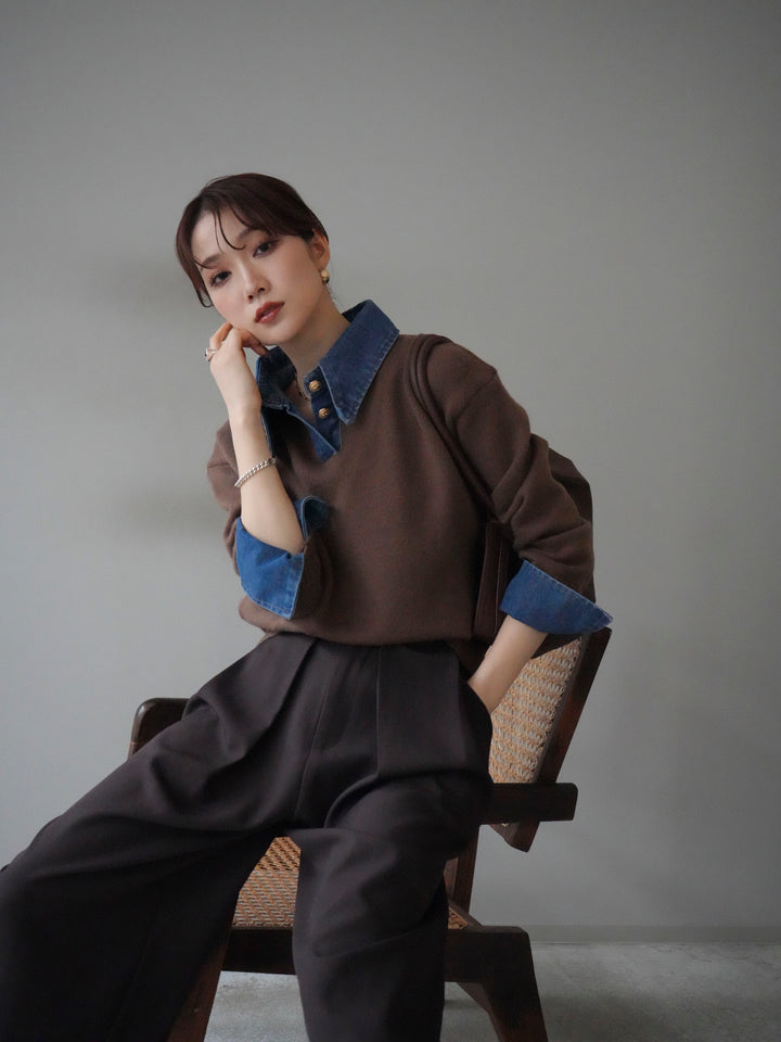 [SET]デニム襟ポロニットプルオーバー+選べるアクセセット(2set)