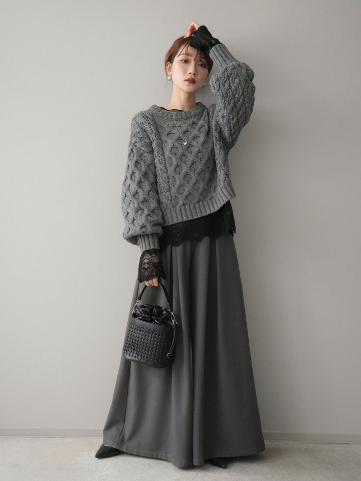 [SET]バルキーケーブルクロップドニットプルオーバー+テープベルトタックバギーパンツ(2set)