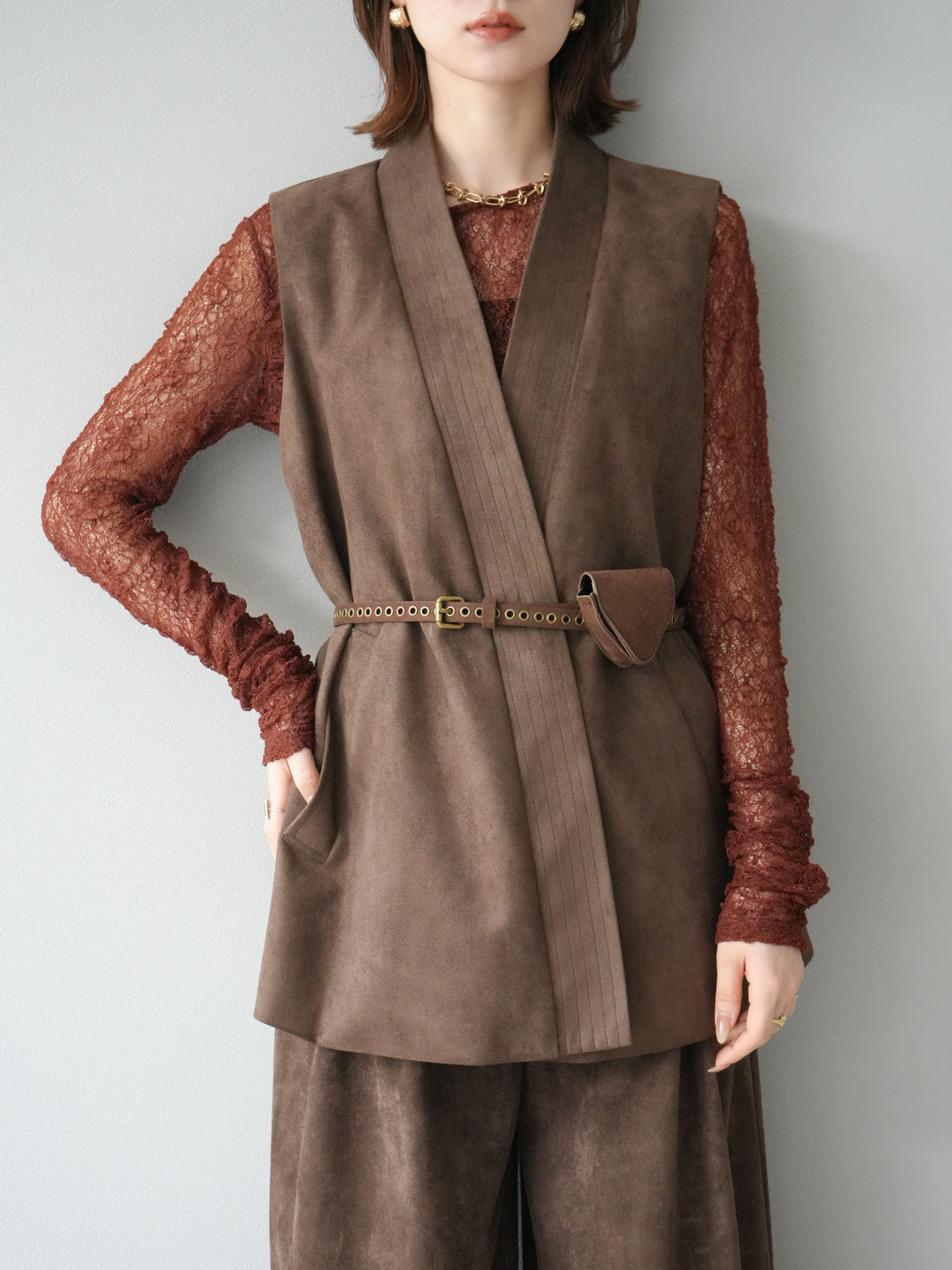 [SET]ポーチベルト付スウェードジレ×パンツSET UP(2set)