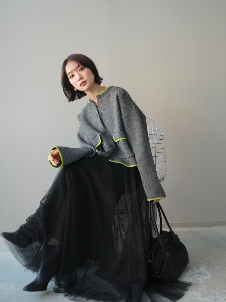 [SET]ポリエステル配色ニットカーディガン+チュールボリュームスカート(2set)