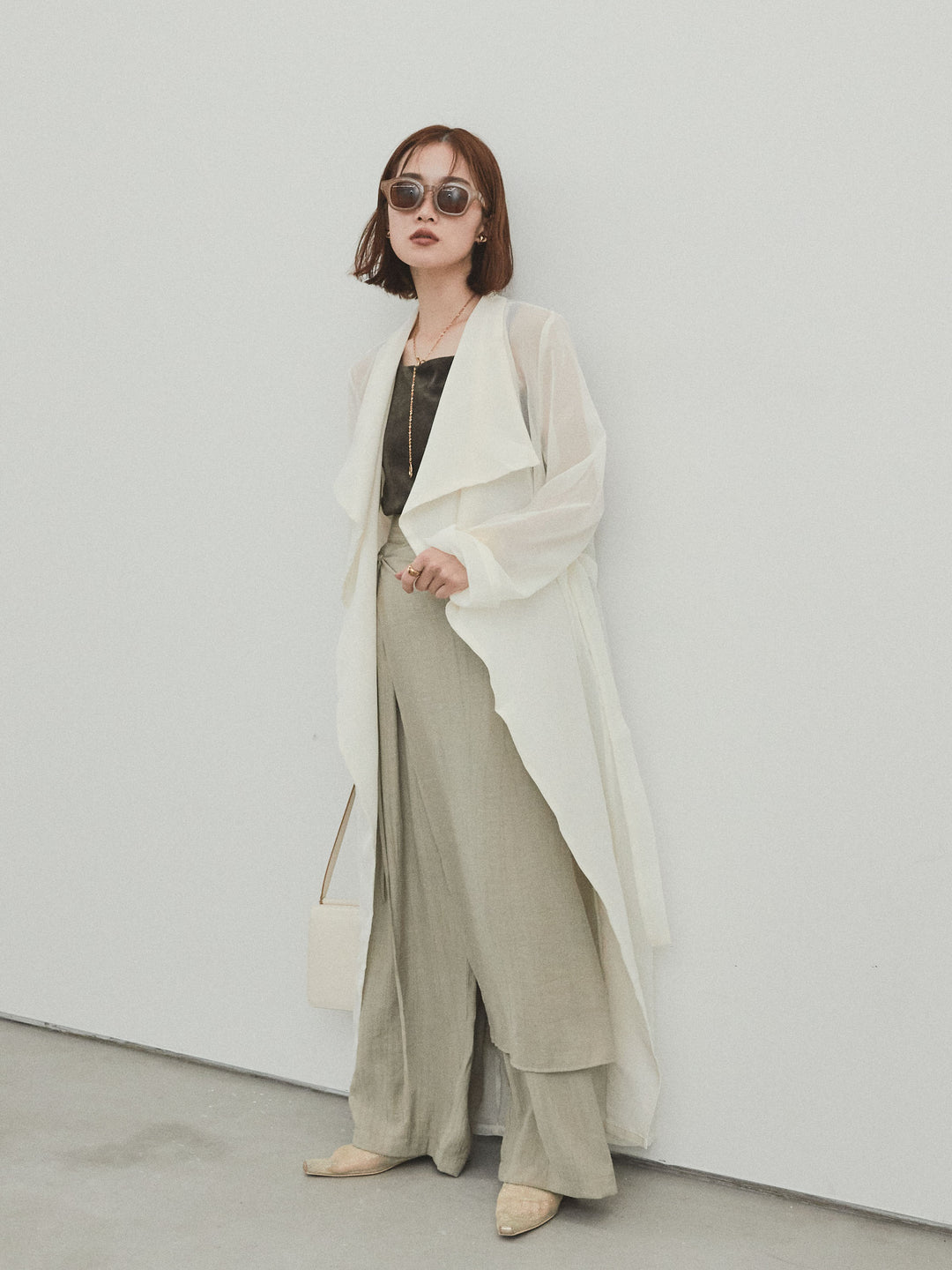 [予約]ワッシャーサテンレイヤードスカートパンツ/カーキベージュ