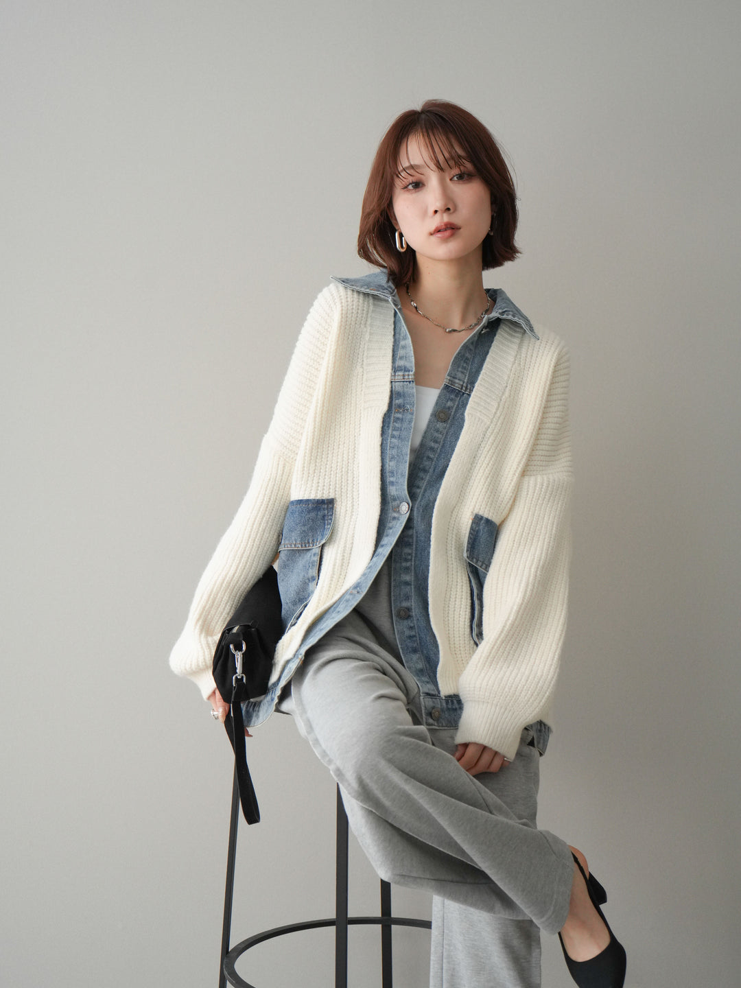 [SET]デニムドッキングオーバーニットジャケット+2WAYデザインスウェットパンツ(2set)
