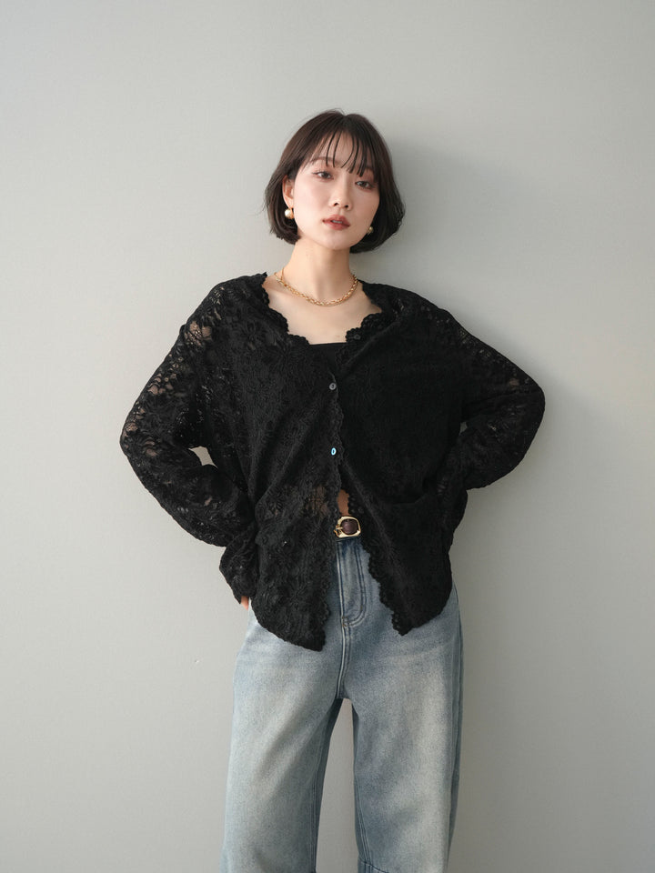 [SET]Vネックレースブラウス+裏起毛カットオフカーブデニムパンツ(2set)