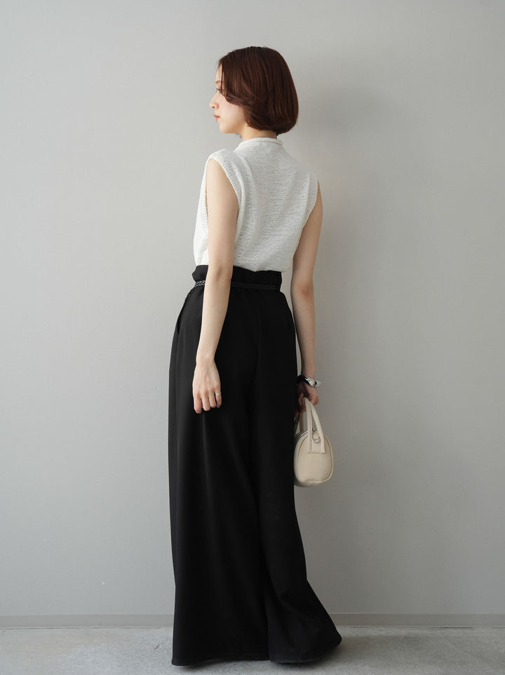 [予約]編み込みベルト付タックワイドパンツ/black