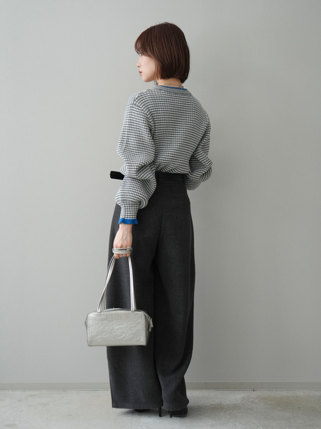 [SET]ラメ異素材ボーダーリブニットプルオーバー+ベルト付起毛コクーンパンツ(2set)