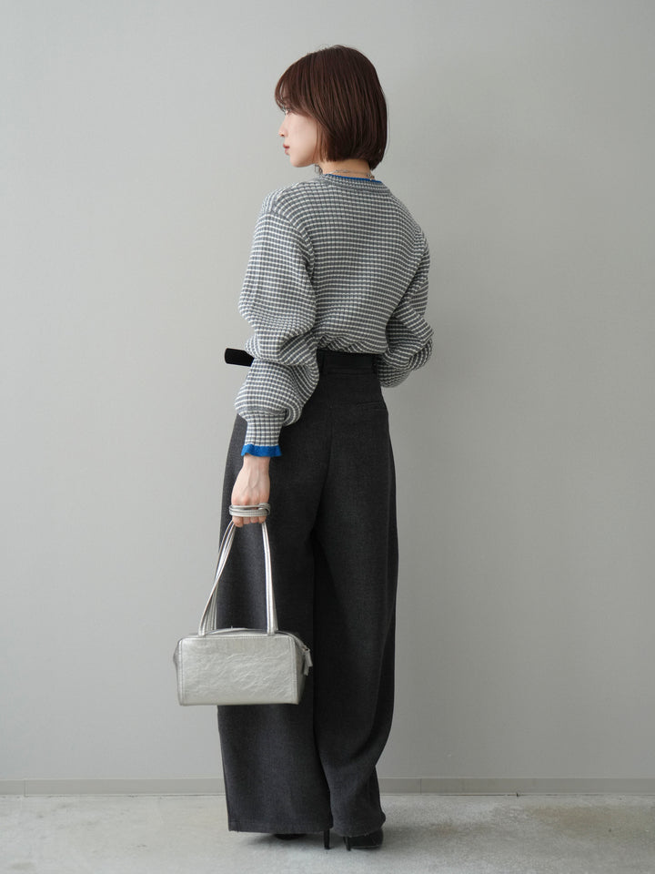 [SET]ラメ異素材ボーダーリブニットプルオーバー+ベルト付起毛コクーンパンツ(2set)