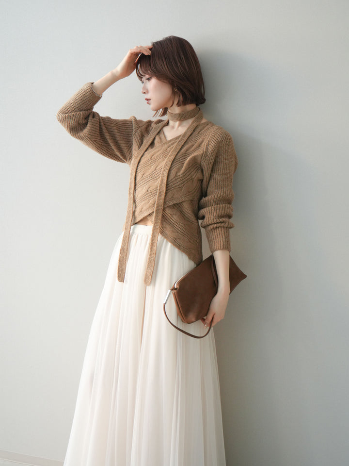 [予約]ケーブル編みクロスニットトップス/camel