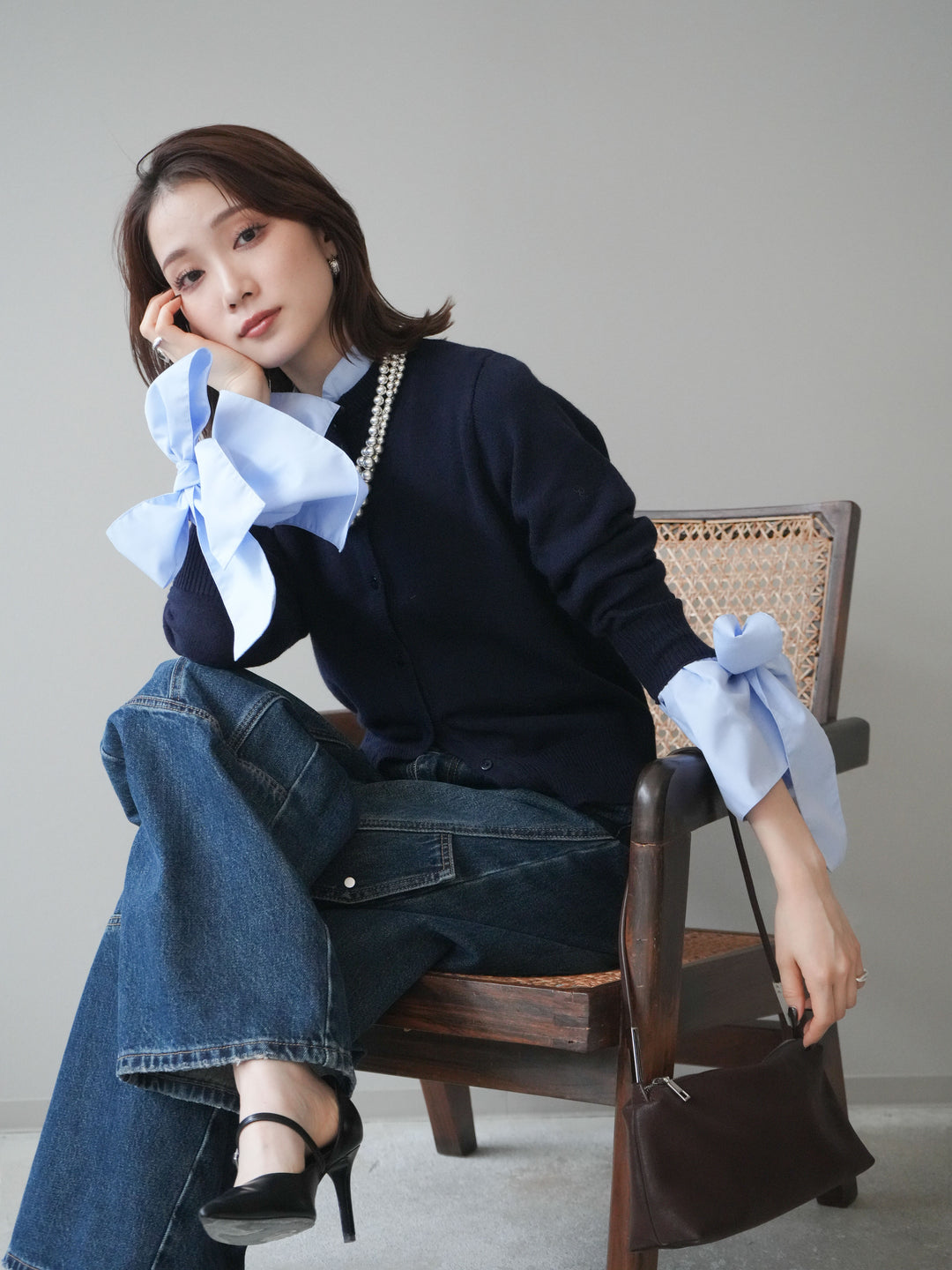 [予約]ウールライクリボンシャツカーディガン/navy