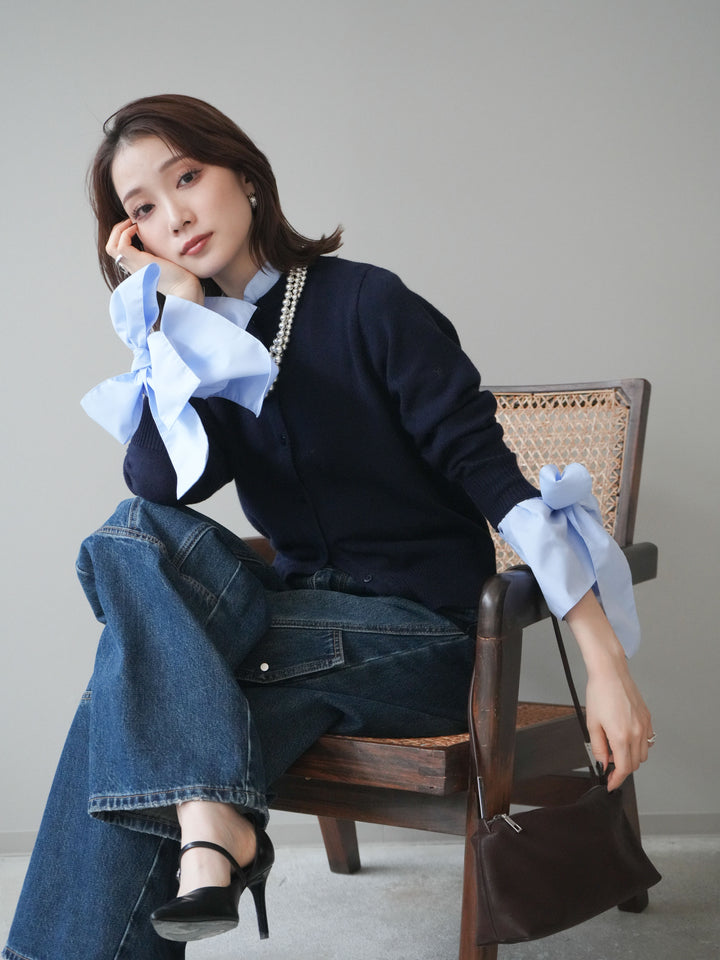 [予約]ウールライクリボンシャツカーディガン/navy