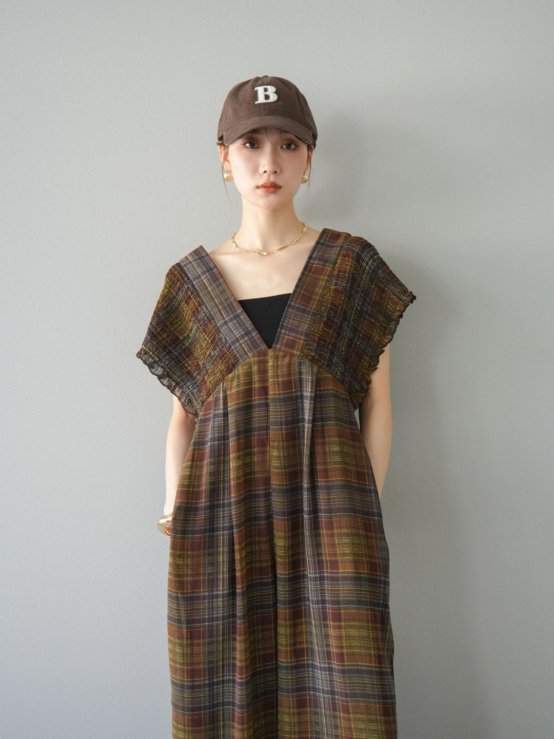 [予約]シアーチェックシャーリングサロペット/ブラウン
