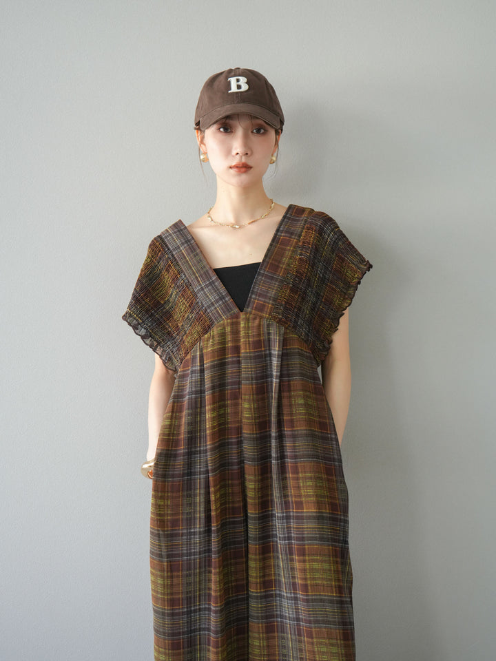 [予約]シアーチェックシャーリングサロペット/ブラウン