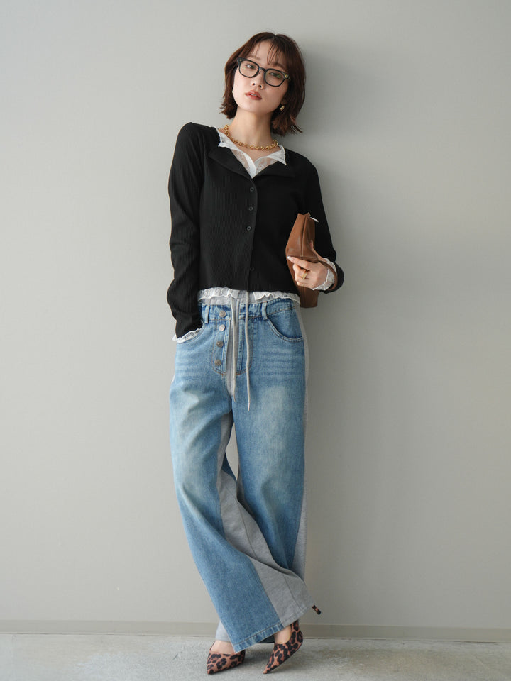 [SET]レースドッキングテレコリブカーディガン+デニム切替スウェットパンツ(2set)