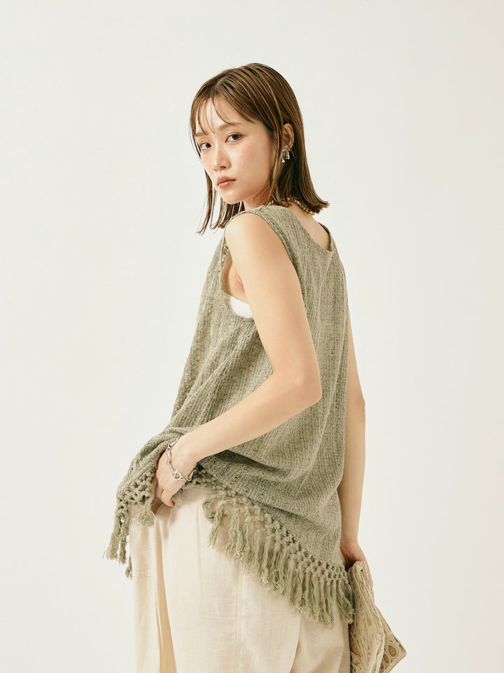 [予約]フリンジ透かし編みニットベスト/カーキ