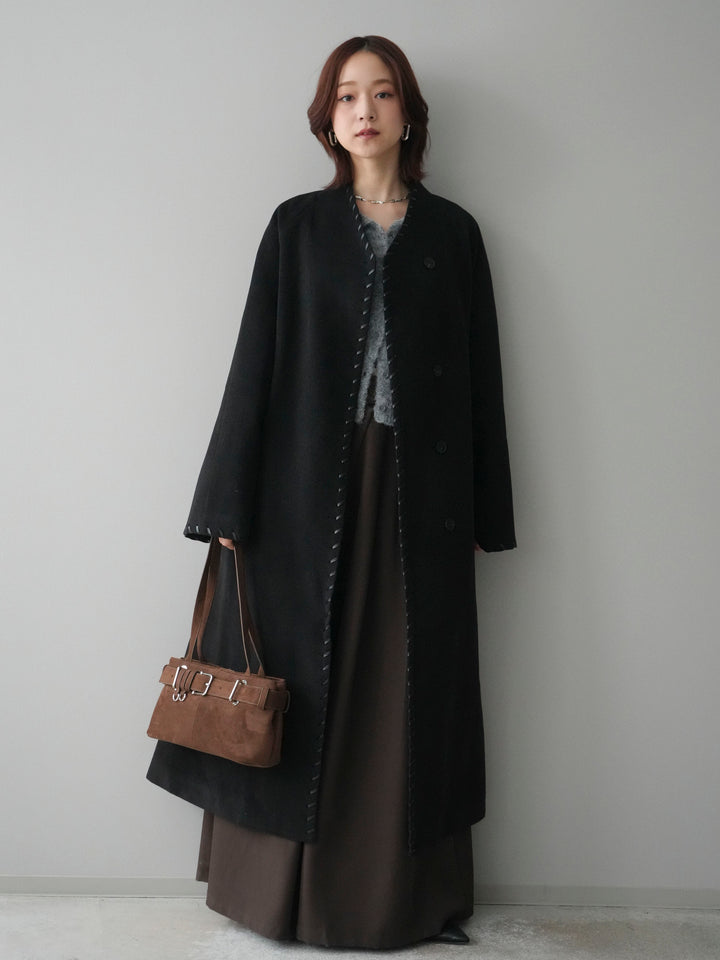 [SET]ハンドステッチ裏中綿ロングコート+モヘア衿付きボタンプルオーバー+テープベルトタックバギーパンツ(3set)