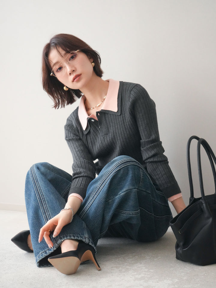 [予約]ダブル襟ポロリブニットトップス/charcoalgray