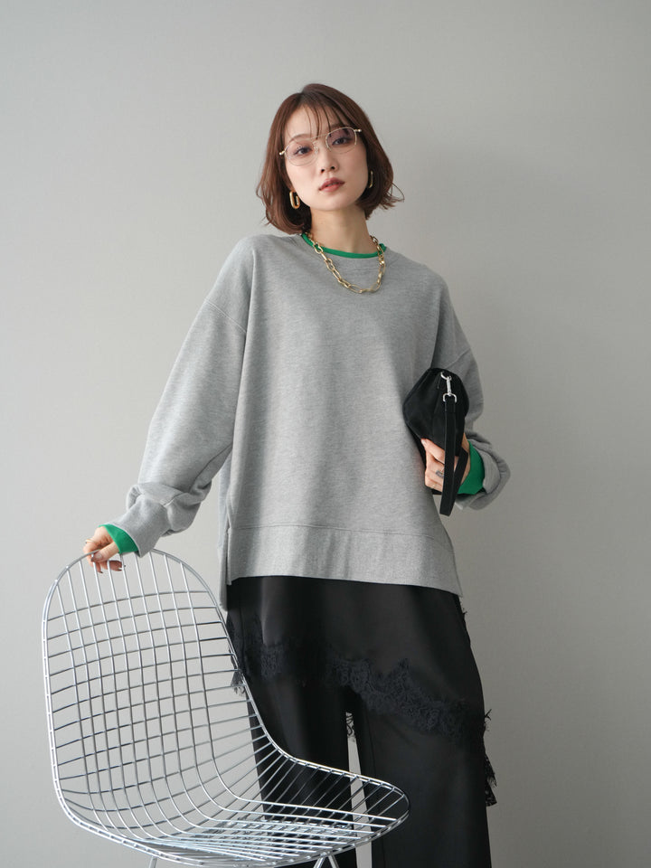 [SET]配色レイヤードデザインスエットプルオーバー+アシンメトリーサテンレースキャミソール(2set)