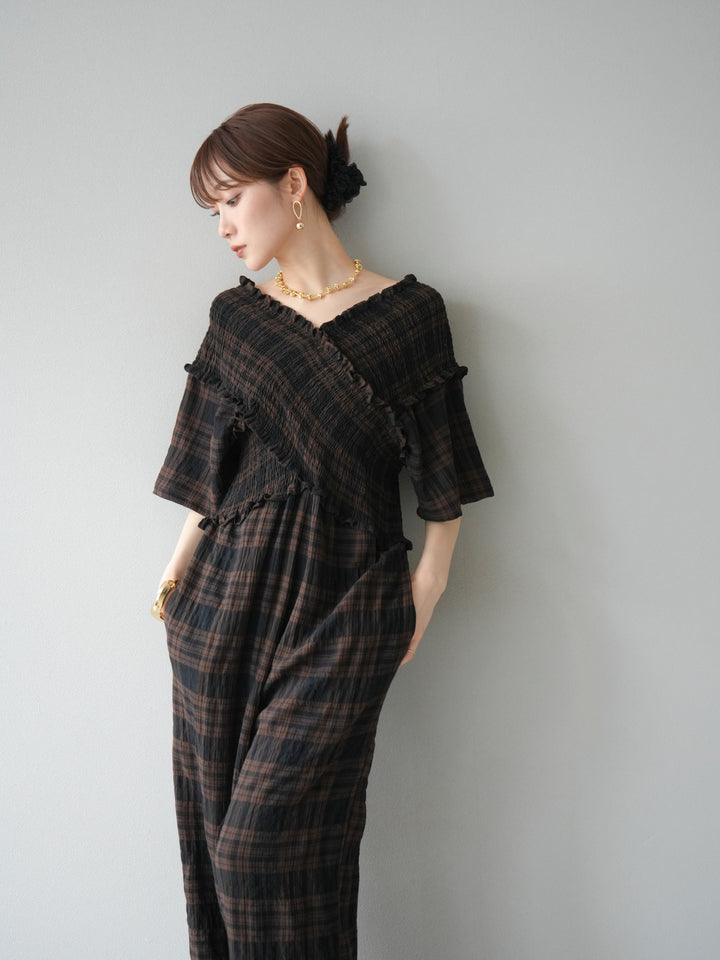 [予約]チェック柄ハーフスリーブシャーリングクロスサロペット/ブラウン