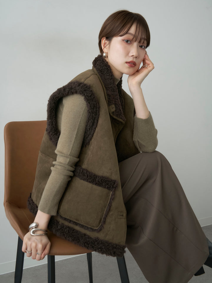 [SET]リバーシブルムートンライクオーバーベスト+リブモックネックニットトップス+クレープデシンフラップ付きストレートスカート(3set)