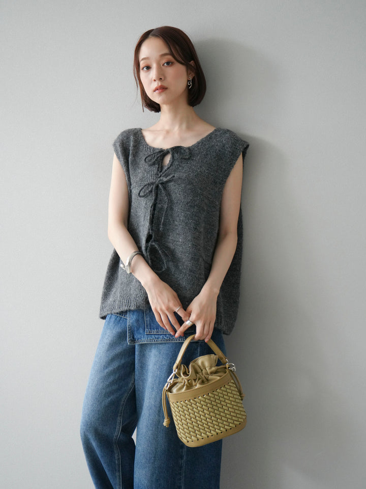 [予約]フロントスリットリボンニットベスト/グレー