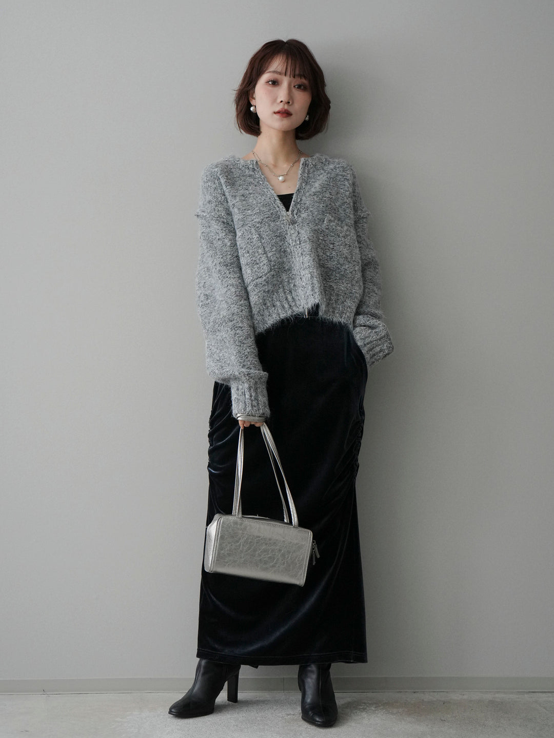 [SET]ミックスヤーンダブルZIPニットカーディガン+ギャザーベロアスカート(2set)