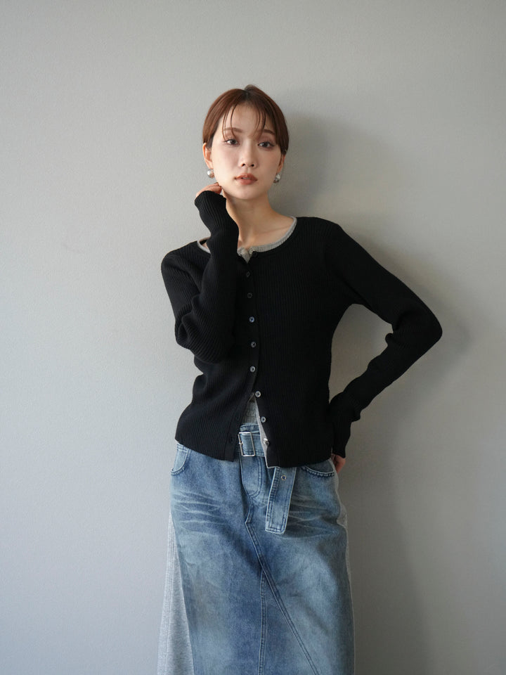 [予約]レイヤード配色ニットカーディガン/ブラック