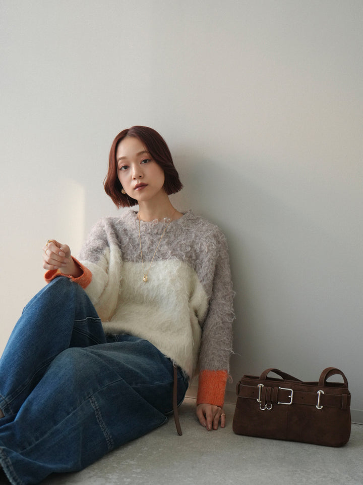 [SET]バイカラーモヘアタッチニットプルオーバー+裏起毛加工デニムカーブパンツ(2set)