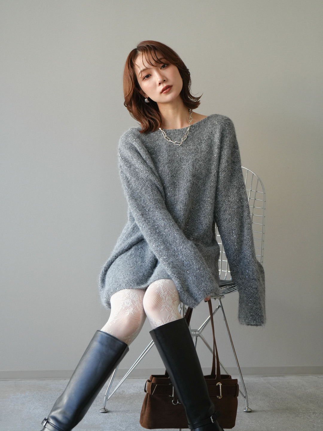 [予約]スパンコールミニシャギーニットチュニック/gray