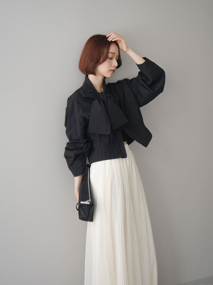 [SET]ボウタイ裾プリーツライトジャケット+ストライプチュールボリュームバギーパンツ(2set)