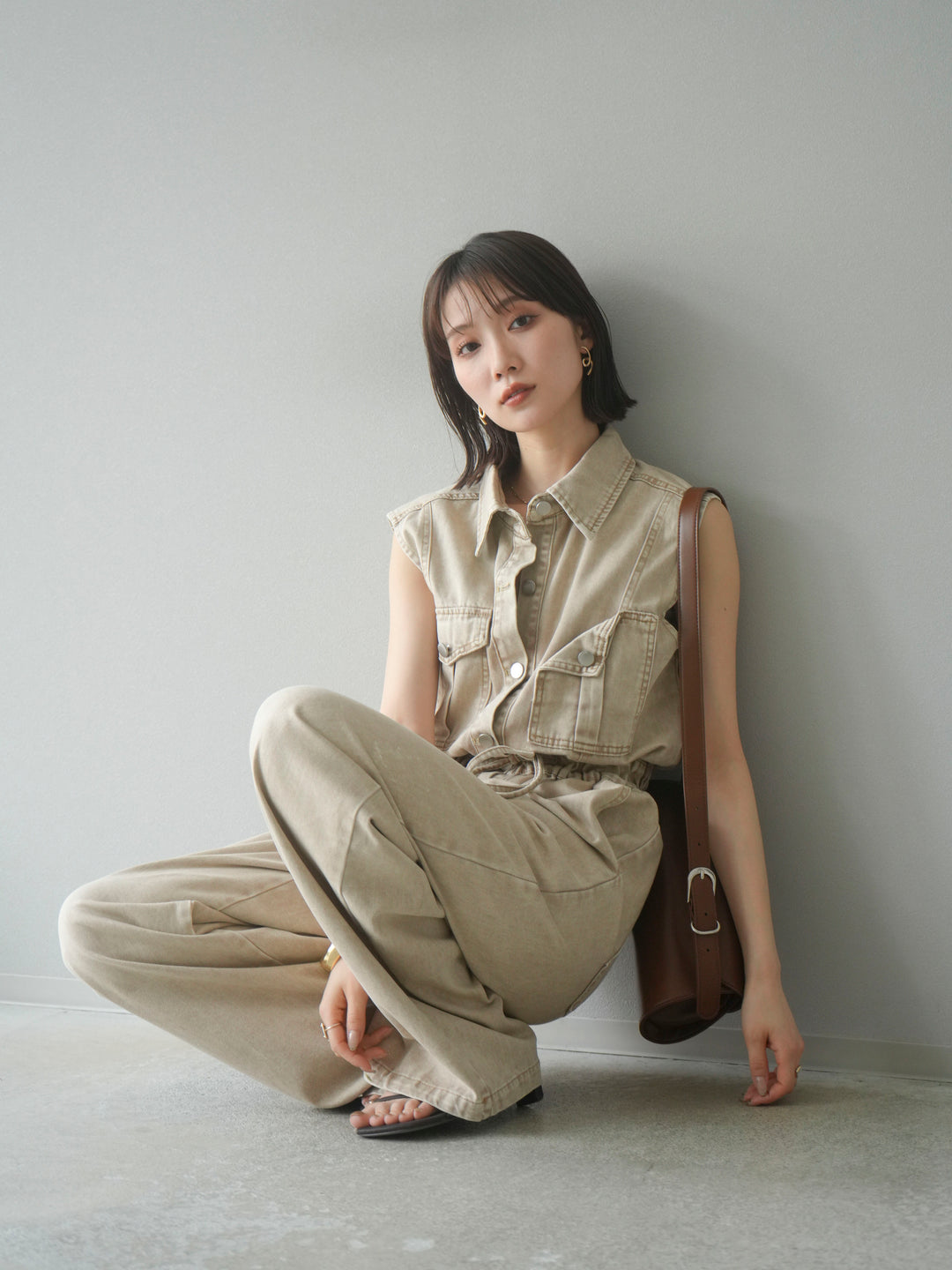 [予約]ポケットデザインデニムオールインワン/キャメル