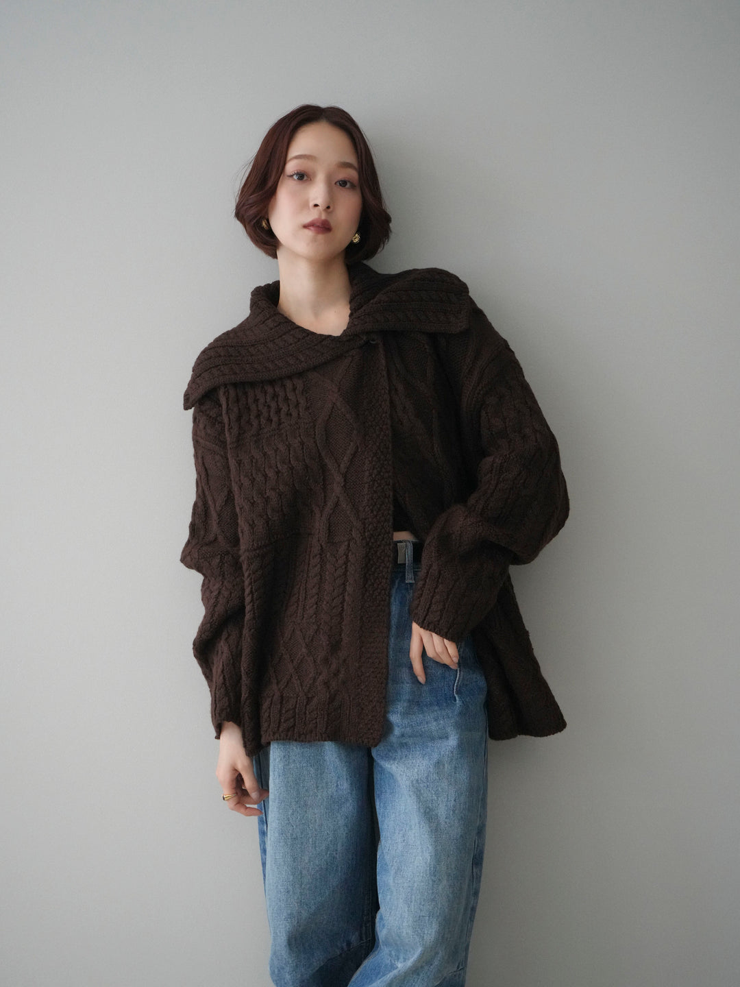[予約]ケーブル編みデザインニットカーディガン/brown
