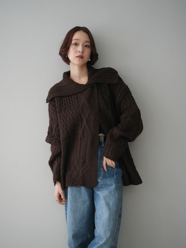 [予約]ケーブル編みデザインニットカーディガン/brown